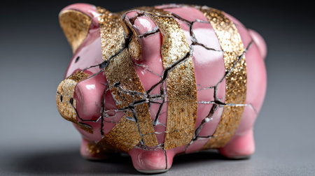 This image features a cracked pink piggy bank adorned with gold accents, representing the challenges of financial struggles and the resilience required to overcome them.の素材