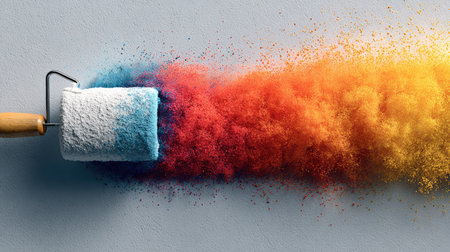 A paint roller unveils a burst of colorful pigment dust on a smooth gray wall, showcasing an artistic expression for home decor and renovation projects.の素材