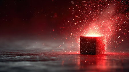 A captivating black cube emits a vibrant red glow surrounded by sparkling dust particles, enveloped in a dark and mysterious atmosphere, perfect for creative projects.の素材