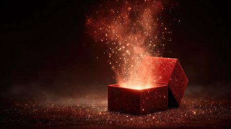 A striking image of a red gift box releasing enchanting sparkles and a warm glow in a dark setting, perfect for themes of surprise and celebration.の素材