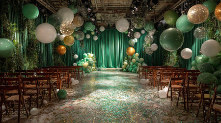 This stunning event space features an elegant arrangement of green and gold decorations, with balloons and sparkling confetti, perfect for celebrations.の素材