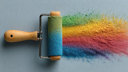 A vivid image featuring a paint roller coated in colorful powder, creating a stunning effect on a smooth surface, perfect for artistic projects.の素材