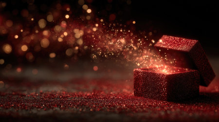 This captivating image features a glittering gift box opening, releasing a burst of sparkles and luminous light, set against a dreamy background that evokes joy and celebration.の素材