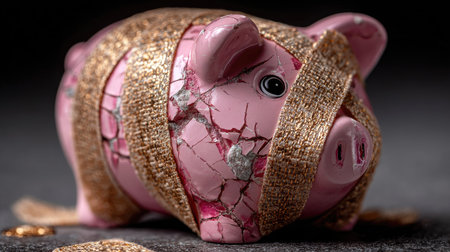 A cracked pink piggy bank wrapped in shiny gold bandages, symbolizing the journey of financial healing and recovery amid economic challenges.の素材