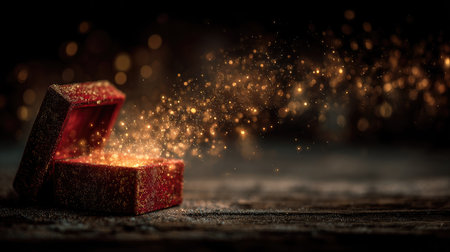 This captivating image features a vibrant red gift box that emits golden sparkles, creating a magical and enchanting atmosphere in a dark setting.の素材