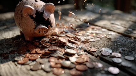 A broken piggy bank with coins scattered on a rustic wooden table, depicting themes of financial loss, budget mishaps, and struggles in saving money.の素材