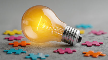 A glowing light bulb lays on a textured gray surface, surrounded by vibrant puzzle pieces, symbolizing creativity, ideas, and bright solutions in design.の素材