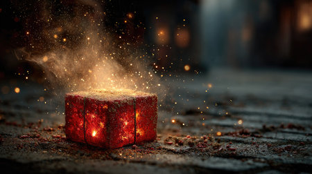 A captivating scene featuring a glowing red cube surrounded by sparks and smoke, creating a mysterious and enchanting atmosphere perfect for imaginative projects.の素材
