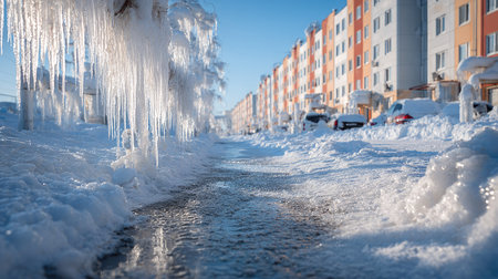 A stunning winter landscape features hanging icicles from frozen trees, a snow-covered street, and a flowing stream under bright sunlight.の素材