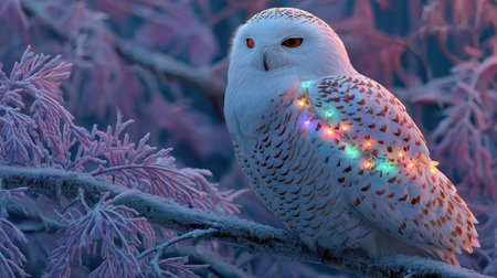 A captivating snowy owl perched gracefully on a frosty branch, adorned with colorful lights, creating a magical winter ambiance in nature.の素材