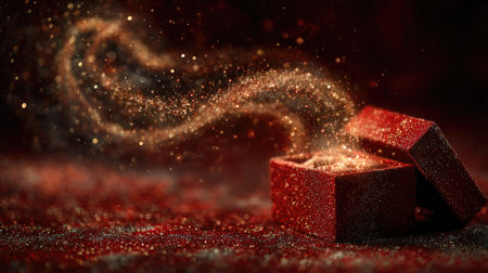 A beautifully crafted red gift box opens to reveal a stream of glittering particles, creating a magical atmosphere perfect for celebrations or special moments.の素材