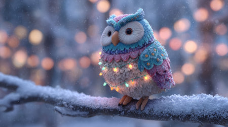 A charming owl figure decorated with colorful lights perches on a snowy branch, creating a whimsical winter scene filled with soft bokeh and festive cheer.の素材