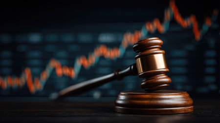 A close-up view of a judge's gavel resting on a wooden block, with blurred financial graphs in the background representing market fluctuations and justice.の素材