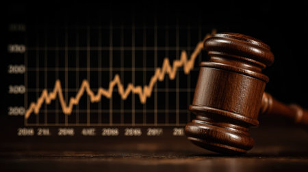 This stock image depicts a gavel resting on a dark wooden table with a financial graph in the background, symbolizing the intersection of justice and business growth.の素材