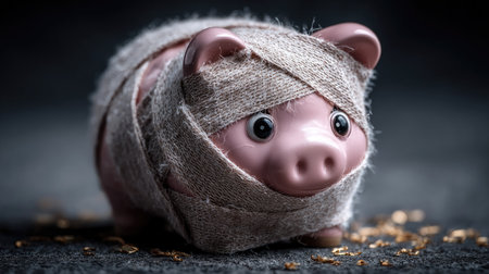 A creative representation of a piggy bank wrapped in bandages, symbolizing the impact of financial injuries with scattered coins, evoking thoughts on savings and investment.の素材