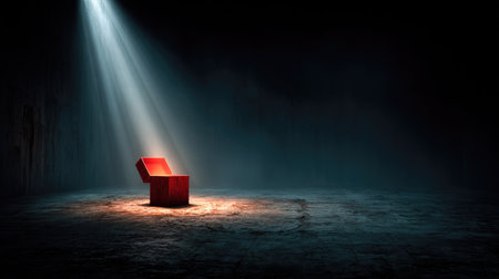 A captivating image of a solitary red box set in a dark room, with a single beam of light illuminating the surrounding space, evoking feelings of mystery and intrigue.の素材