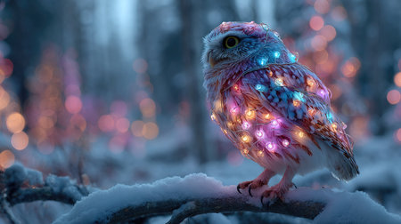 This captivating image features an owl adorned with vibrant lights sitting gracefully in a serene winter forest. The enchanting atmosphere and magical setting create a whimsical portrayal of nature, perfect for holiday themes.の素材