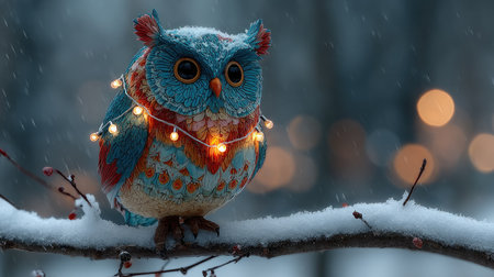 A vibrant owl adorned with fairy lights perched on a snowy branch, surrounded by a serene winter landscape. The bokeh effect adds a mystical charm.の素材