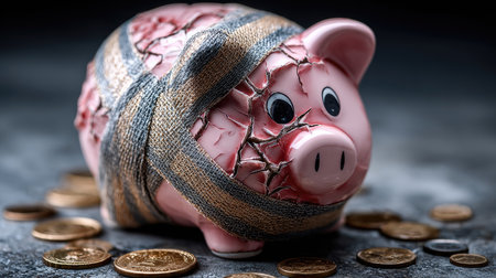 A visually striking image of a cracked piggy bank wrapped in duct tape, surrounded by scattered coins on a dark background, symbolizing financial struggles and savings challenges.の素材