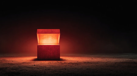 A striking image of a mysterious glowing box in a dark setting, featuring soft red light illuminating the surrounding space, creating an intriguing atmosphere.の素材