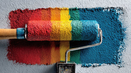 A vibrant paint roller coated in multicolored stripes applies lively paint to a smooth wall surface, showcasing creative potential for home decorators.の素材