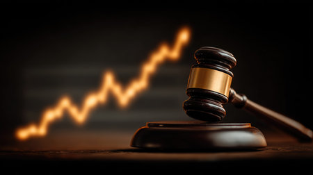 A striking image featuring a gavel symbolizing justice alongside an abstract financial chart. This visual represents the intersection of law and economy.の素材