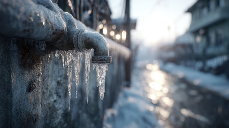 A close-up image of a dripping water faucet surrounded by icicles, showcasing the beauty of winter in an urban environment during dawn.の素材