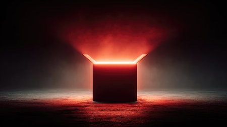A captivating image of a mysterious box that radiates a glowing red light in a dark setting, surrounded by ethereal smoke, creating an intriguing atmosphere.の素材