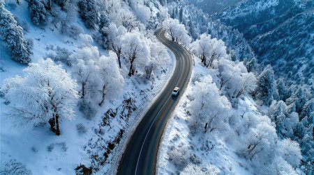 A stunning aerial view captures a winding road cutting through a snow-laden forest. The serene winter landscape showcases snow-covered trees, creating a tranquil and picturesque scene, ideal for travel enthusiasts and nature lovers.の素材