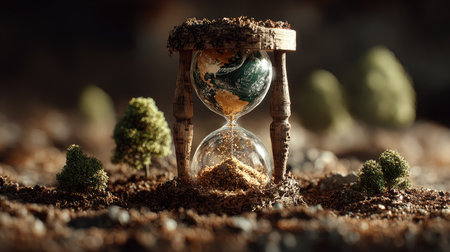 A captivating hourglass filled with a detailed globe symbolizes the relationship between time and nature. Set in an earthy landscape, this image reflects ecological balance.の素材