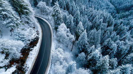 This aerial image captures a winding road nestled among snow-covered evergreen trees, portraying a serene winter landscape under a bright sky.の素材