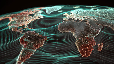 This digital illustration showcases a high-tech representation of the Earth, featuring vibrant data points and flowing lines. Ideal for technology and geographical themes.の素材
