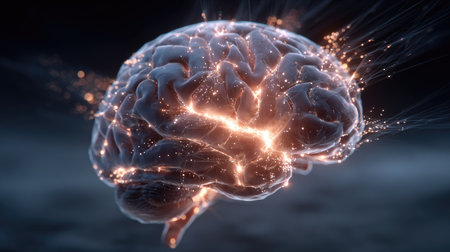 This mesmerizing image showcases a glowing brain with vibrant sparks and light trails, symbolizing the intricate neural connections and cognitive processes at play.の素材