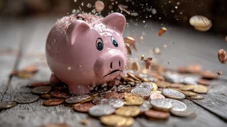 A pink piggy bank is cracked, spilling a variety of coins onto a rustic wooden surface. This image represents the challenges of saving money and budgeting effectively.の素材