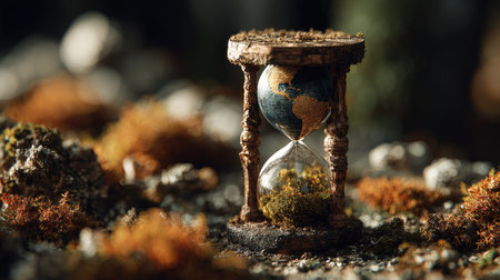 A captivating hourglass filled with Earth and moss symbolizes the passage of time and environmental change, highlighted in a natural setting.の素材