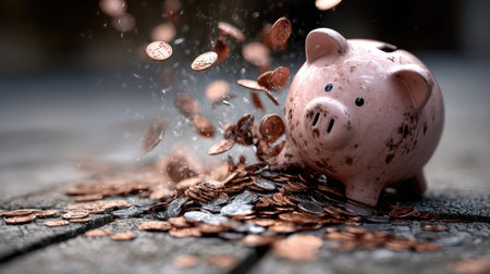 A broken pink piggy bank spills a mess of dirty pennies across a wooden surface, symbolizing financial loss and the chaos of mismanaged savings.の素材