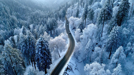 Captivating aerial view of a winding road through a snowy mountain forest, with frost-covered trees creating a serene winter landscape perfect for travel inspiration.の素材