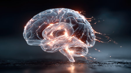 A stunning visual of a transparent brain illuminated by glowing connections, representing the fusion of science and technology in modern concepts.の素材