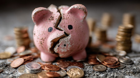 A broken piggy bank surrounded by scattered coins illustrates the challenges of financial management and the impact of economic hardship on saving practices.の素材