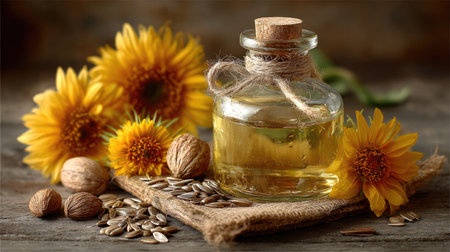 A charming display featuring a glass bottle of sunflower oil surrounded by vibrant yellow flowers and assorted nuts, evoking a natural and healthy vibe.の素材