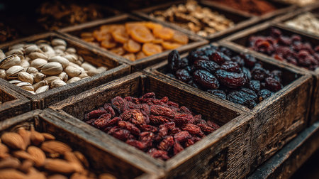 A vibrant display of assorted nuts and dried fruits in wooden crates, showcasing a healthy snack option at a lively market stall. Perfect for culinary inspiration.の素材