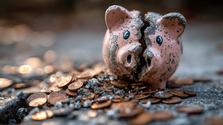 A cracked pink piggy bank sits amidst scattered coins and debris, representing a visual metaphor for financial loss and struggles with saving money.の素材