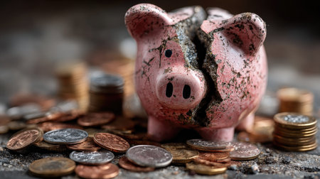 A cracked piggy bank rests among scattered coins, representing struggles with saving and financial challenges faced by individuals and families.の素材