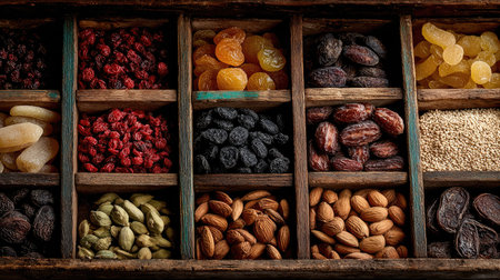 This captivating image features a vibrant assortment of dried fruits, nuts, and seeds neatly arranged in vintage wooden compartments, perfect for inspiring healthy snack ideas.の素材