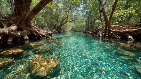 Discover the serene beauty of a tropical river with crystal-clear waters, surrounded by lush greenery and unique rock formations, perfect for nature lovers.の素材
