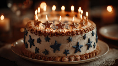 A beautifully designed birthday cake adorned with stars and candles, perfect for festive celebrations and joyful gatherings. Ideal for any occasion.の素材