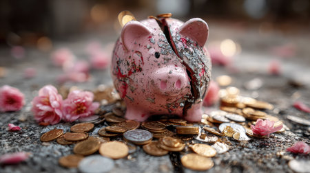 A charming yet poignant image of a broken pink piggy bank, surrounded by gleaming coins and soft pink flowers, symbolizing lost savings and broken dreams.の素材