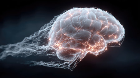 This striking image presents a futuristic digital brain, illuminated by glowing neural connections, encapsulating concepts of innovation and intelligence.の素材