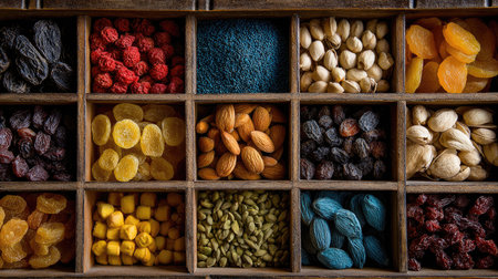 A beautifully arranged rustic wooden tray filled with a vibrant assortment of nuts, dried fruits, and spices, perfect for healthy snacking and culinary creativity.の素材