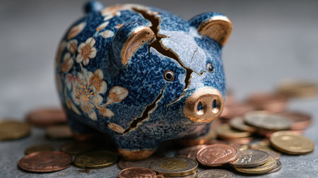 A broken piggy bank lies among scattered coins, representing financial difficulties faced by individuals. This image captures the struggle of saving and managing personal finances effectively.の素材